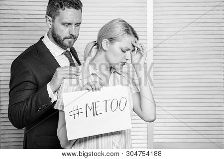 Girl Hold Poster Hashtag Me Too While Colleague Calm Down Her. Victim Assault At Workplace. Worker S