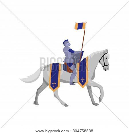 Royal Knight With Flag In Steel Armor And White Horse