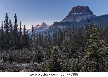 A Stunning Early Morning View Of Majestic Cathedral Mountain Near The Takakkaw Falls In Yoho Nationa