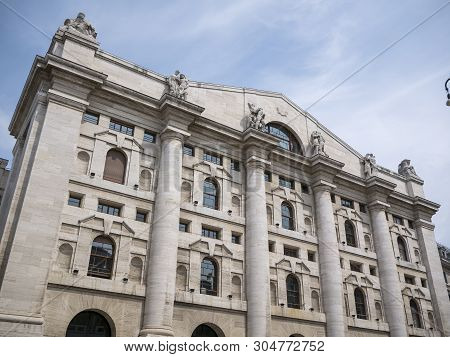 Milan, Italy - May 25, 2019: Mezzanotte Palace Facade In Milan Stock Exchange, Symbol And Heart Of I