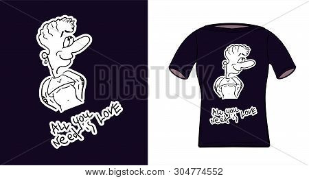 Comic Drawing Of A Girl In The Style Doodle. Short Sexy Top. Smiles And Shows Her Body, Lettering Al