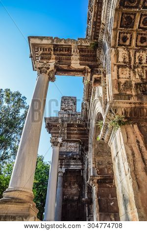 Adrian Gate, Antalya Landmark, Turkey. Antique Ancient Construction Of Marble And Limestone.