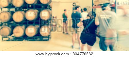 Panorama View Blurry Background Customer Queue To Taste Draft Beer At Brewing Taproom