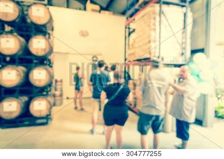 Filtered Image Blurry Background Customer Queue To Taste Draft Beer At Brewing Taproom