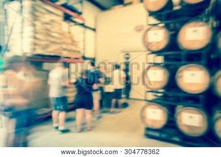 Filtered Image Blurry Background Customer Queue To Taste Draft Beer At Brewing Taproom