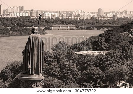 Saint Vladimir Monument  In Urban Park Volodymyrska Hill And View Of Dnieper River In Kyiv, Ukraine