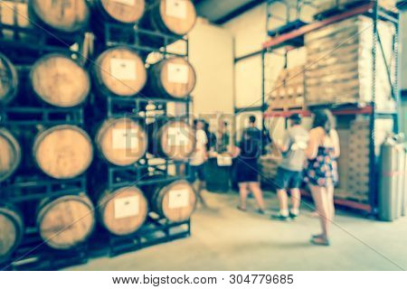 Filtered Image Blurry Background Customer Queue To Taste Draft Beer At Brewing Taproom