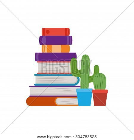 Stack Of Books With Houseplant On White Background Vector Illustration Design