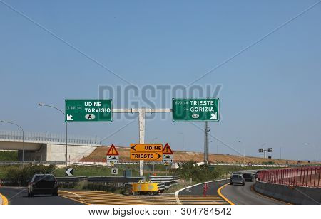Motorway Junction With Directions To Go To The Italian Cities Of Udine Tarvisio Trieste Or Gorizia