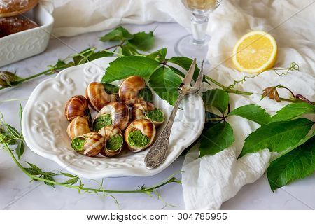 Bourguignonne Snail With Lemon. Marble Background. French Cuisine.