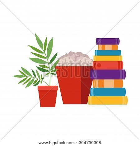 Stack Of Books With Houseplant On White Background Vector Illustration Design