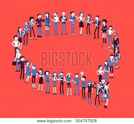 Group Of People Making Speech Bubble Shape. Members Of Different Nations, Sex, Age, Jobs Standing To