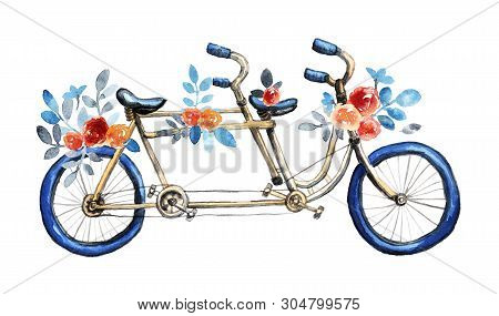 Isolated Blue Tandem Bicycle With Bouquets. Red Rose Flowers, Blue Leaves.