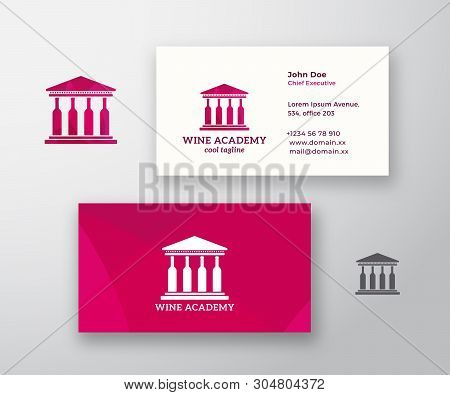 Wine Acade Logo And Business Card Template. University Or School Building With Wine Bottles Columns.