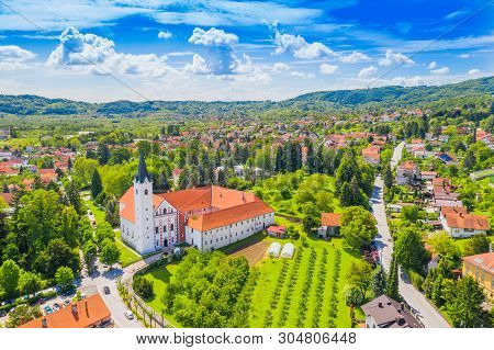 Panorama Of Town Of Samobor In Croatia, Catholic Church And Monastery, Aerial View From Drone