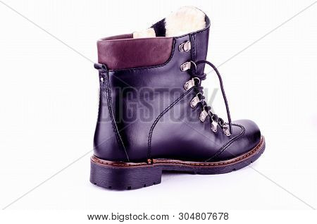 Beige Woman Long Boot Shoe Isolated On White Background. Fashionable Boots For Women May Exhibit All