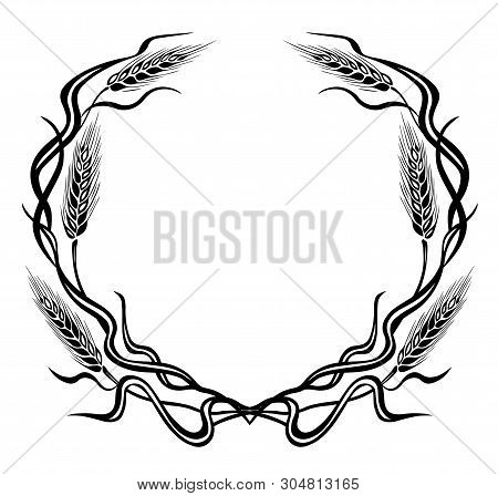 Round Frame Of Rye Ears In Art Nouveau Style, Graphics, Black And White Drawing.
