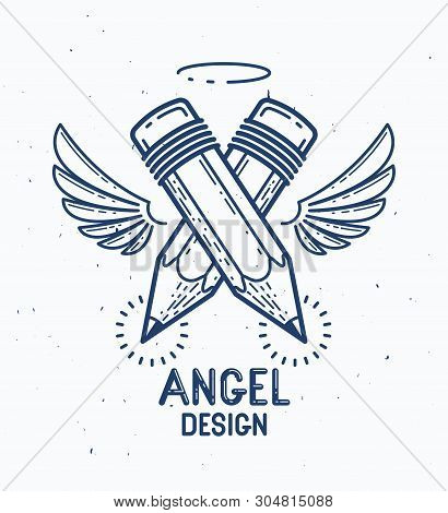 Two Crossed Pencils With Wings And Nimbus, Vector Simple Trendy Logo Or Icon For Designer Or Studio,