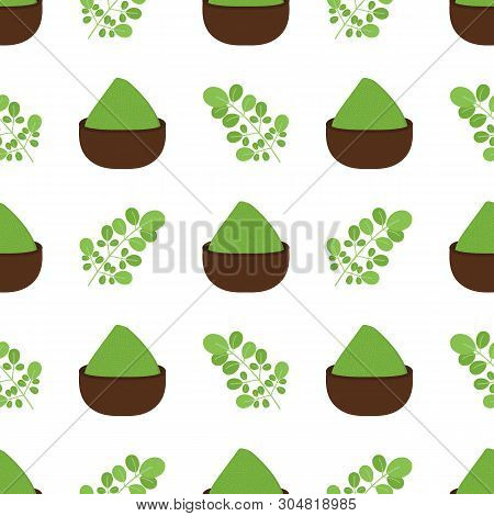 Moringa Oleifera Leaves And Powder, Asian Superfood, Vector Cartoon Seamless Pattern Background.