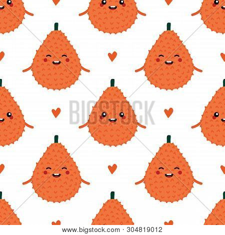 Gac Fruit Or Baby Jack Fruit Cute Characters And Hearts Vector Seamless Pattern Background.