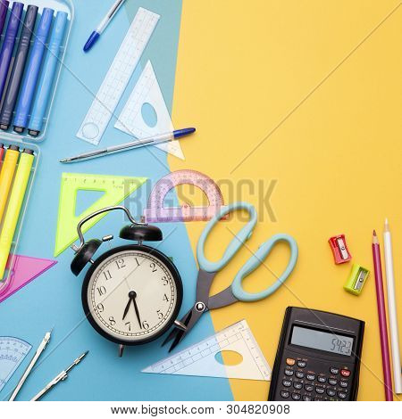 Starting School, Back To School, Education Are Styled Flat Lay Scene With School Supplies On Blue An