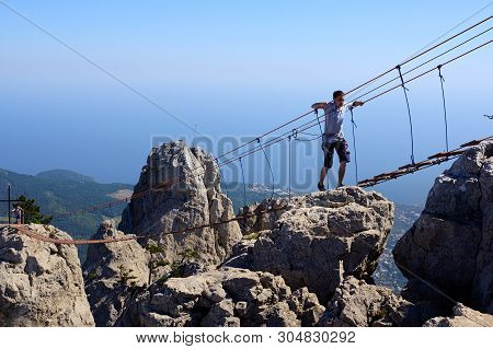 Alupka, Crimea - September 21, 2018. Suspended Stairs On Mount Ai-petri. Crimea. Tourists Walk Along