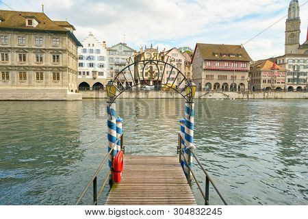 ZURICH, SWITZERLAND - CIRCA OCTOBER, 2018: pier at Storchen hotel in Zurich in the daytime. 