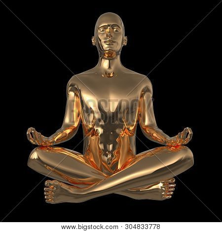 Meditate Man Yoga Lotus Pose Stylized Golden Character Figure Polished. Human Mental Recreation Guru
