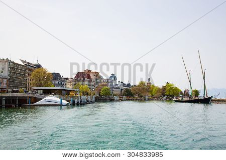 Imege Of Evian-les-bains City Port In France Taken From Ferry Boat On Lake Geneva