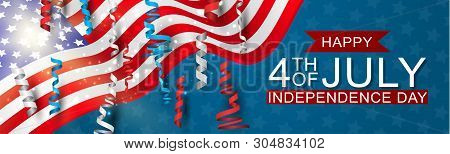 4th Of July United States National Independence Day Celebration Banner With Blue, Red, And White Con
