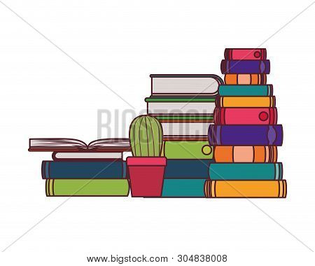 Stack Of Books With Houseplant On White Background Vector Illustration Design