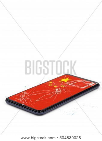 Smartphone Type Cellphone With Its Broken Screen And The Colors Of China's Flag, A Concept Of Defect