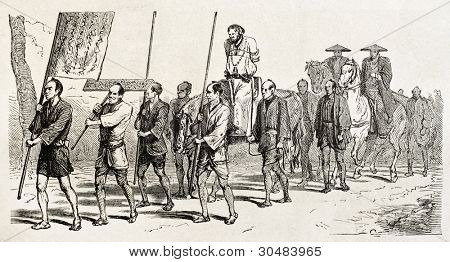 Transportant a condamné l'homme à la peine. Créé par Crepon, publié sur Le Tour Du Monde, éd. Hachette