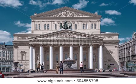 Moscow, Russia - Jun 5, 2019: View Of Big Theater Building Made In Neoclassic Architectural Style. C