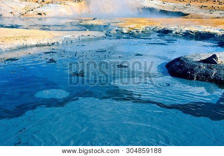 Fumarole Field In Namafjall, Iceland. Geothermal Beauty Landscape.
