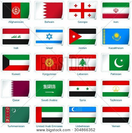 Set Of Twenty Flags In Sticker Style. Western Asia.