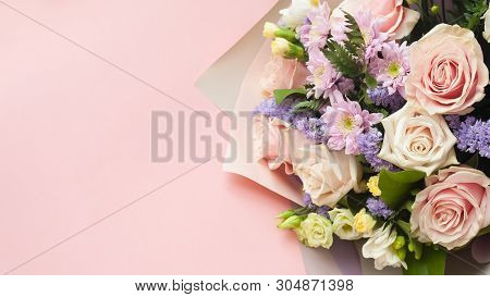 Bouqet Flower Background, Different Roses And Chrysanthemum