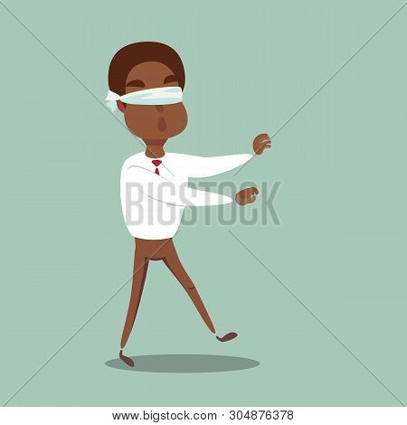 Blindfolded Cartoon Black African American Businessman. Business Concept. Stock Flat Vector Illustra