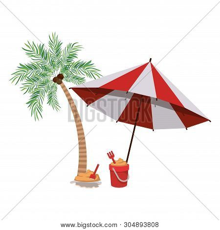 Palm Tree With Beach Umbrella Striped Vector Illustration Design