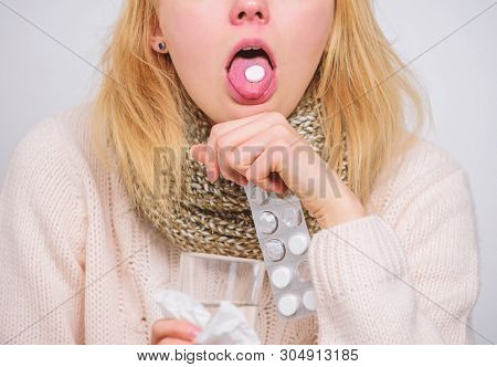 Woman Sick Person Hold Glass Water And Tablets Blister. Take Pills Relieve Fever. Drink Plenty Of Fl
