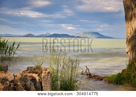 View Of Famous Hungarian Lake Balaton With Volcanoes
