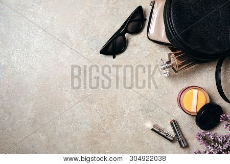 Flat Lay Modern Minimal Home Workspace Desk With Glasses, Leather Bag, Wallet, Woman Cosmetic, Sprin