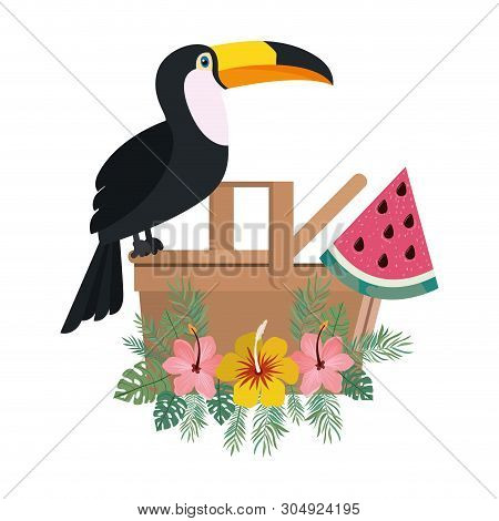 Picnic Basket With Tucan On White Background Vector Illustration Design