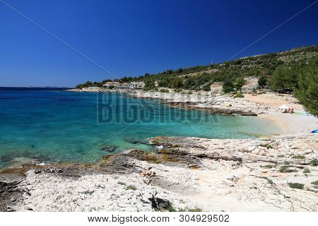 Croatia Coast Landscape In Dalmatia. Dolac Beach - Adriatic Sea.