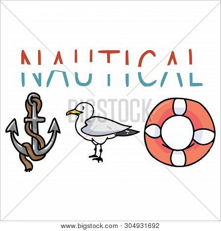 Cute Nautical Typography Cartoon Vector Illustration Motif Set. Hand Drawn Isolated Ocean Wildlife E