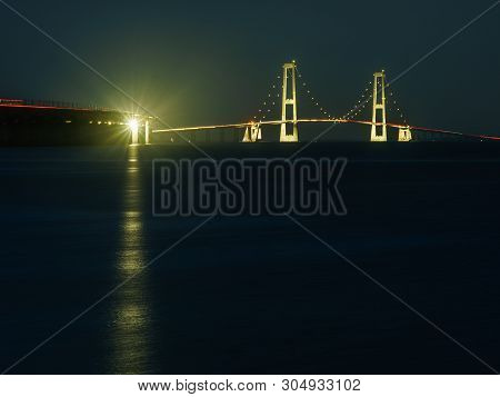 The Bridge Across The Great Belt - The Storebaelt Bridge In Denmark, Night Time.