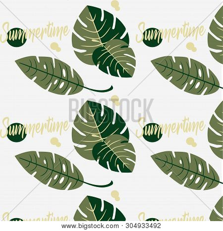 Summer Tropic Background Pattern With Ecotic Plants: Fern And Monstera Leaves