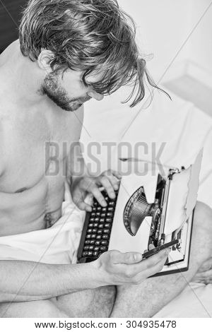 Keep Working And Become Great. Writer Near Typewriter. Inspiration Crisis And Lack Ideas. Looking Fo