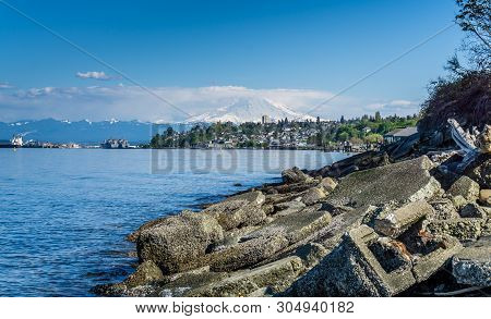 A View Of Mount Rainier And The Ruston Shoreline.