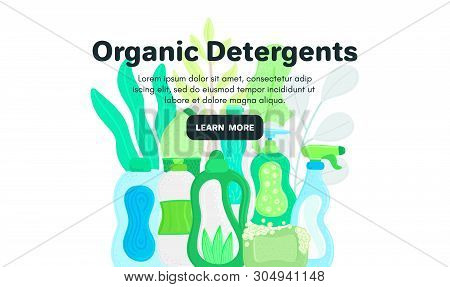 Vector Background With Eco Friendly Household Cleaning Supplies. Natural Detergents. Landing Page Te